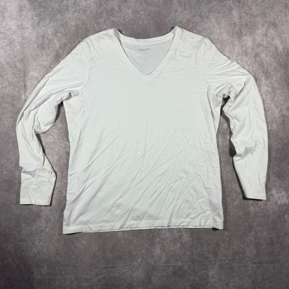 Lands End White Supima Cotton Relaxed Fit V-Neck Long Sleeve Tee Shirt Womens M